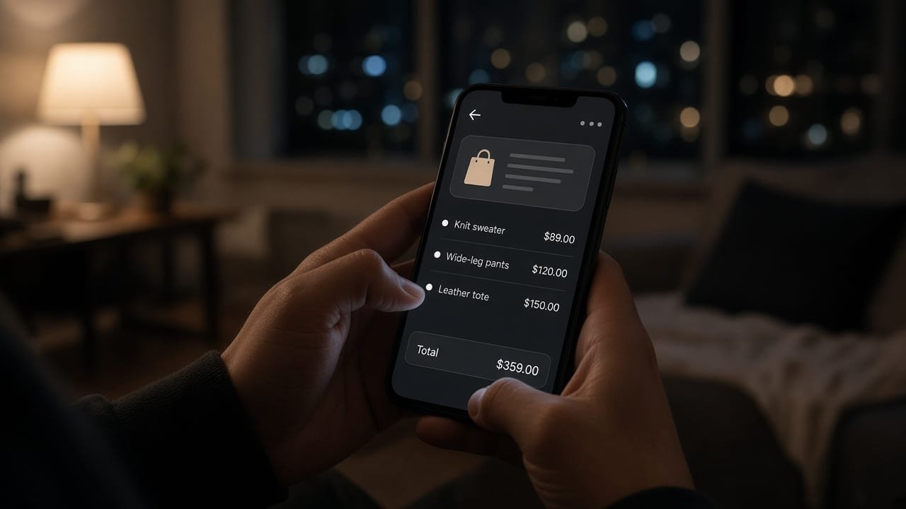 Person shopping through a chat on a phone at night